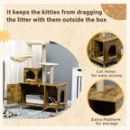 Cat litter box enclosure with cat holes for access and extra storage platform in rustic brown