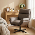 Dark brown upholstered swivel accent chair with armrest and round column base