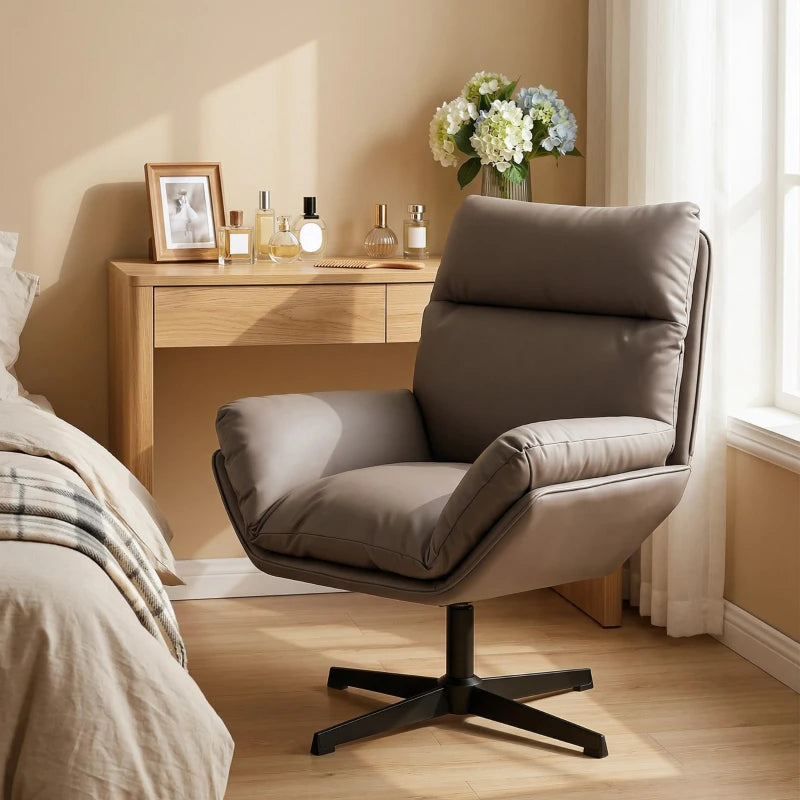 Dark brown upholstered swivel accent chair with armrest and round column base