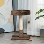 Brown cat tree with round top perch, scratching post, flat base, and hanging ball