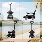 Black ride-on push car walker with removable handle shown in multiple angles