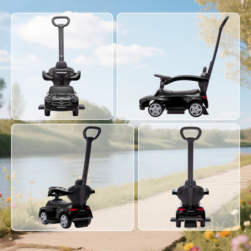 Black ride-on push car walker with removable handle shown in multiple angles