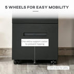 Black 2-drawer mobile filing cabinet showing front handles and caster wheels