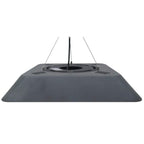 Black hanging patio heater underside with vented base and suspension cables.