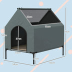 Grey elevated dog house with arched front opening; size measurement diagram shown.