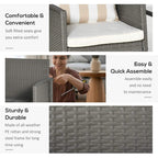 Light grey rattan armchair with white seat cushion and woven side panel detail