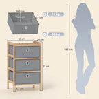 Narrow light grey fabric drawer dresser with bamboo frame, three drawers and round pulls