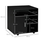 Black printer stand cabinet with open storage shelves and labeled dimensions