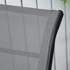 Grey mesh seat and black side frame of adjustable sun lounger chair