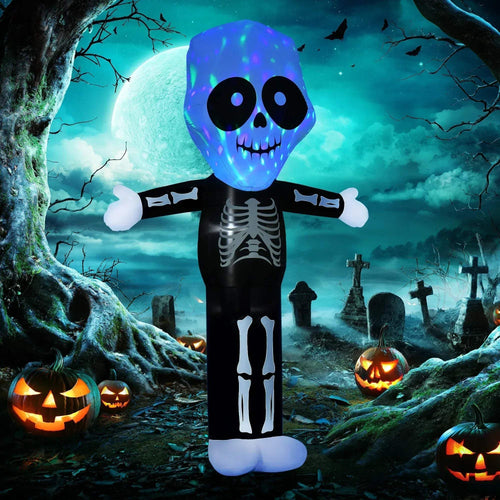 Inflatable LED skeleton decoration with blue-glowing skull and black body, standing pose.