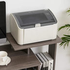 Grey desktop shelf of computer desk with side drawer storage compartment