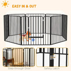 Black 8-panel dog pen with step-through door and safety latch features