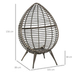 Rattan PE teardrop egg chair with grey cushions and woven frame, four legs