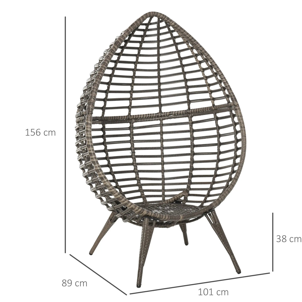 Teardrop wicker chair without cushions, with dimensions marked
