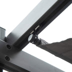 Retractable roof support joint with adjustment knob on dark grey aluminum gazebo