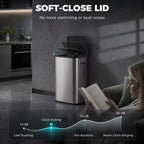 Stainless steel waste bin with soft-close style lid, silver tone
