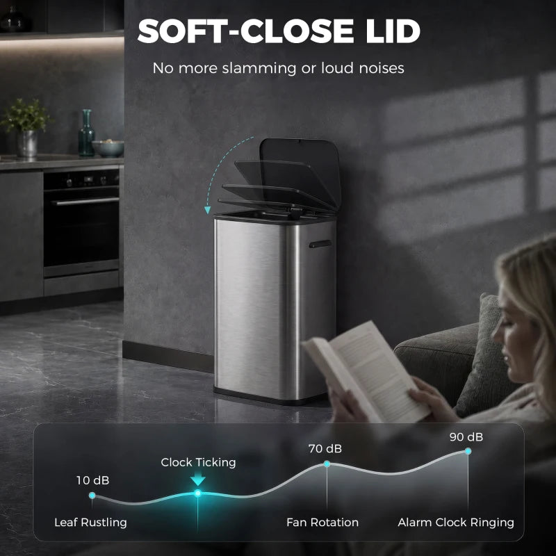 Stainless steel waste bin with soft-close style lid, silver tone
