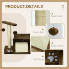 Brown cat tree details: sisal posts and carpet, plush base, and dangling ball