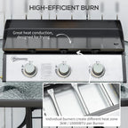 Tabletop gas griddle grill with three burners and black griddle cooking surface
