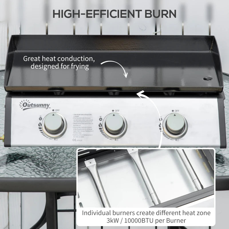 Tabletop gas griddle grill with three burners and black griddle cooking surface