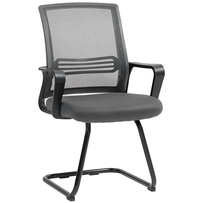 Dark grey mesh office chair with padded seat and sled base, no wheels