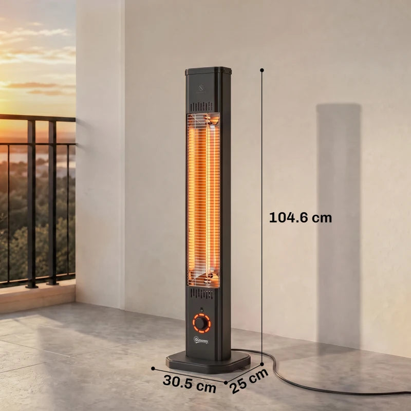 Black infrared patio heater, lit heating element, with base and power dial