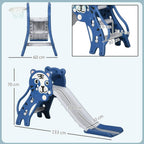 Blue bear-themed slide and climber with basketball hoop and arched ramp