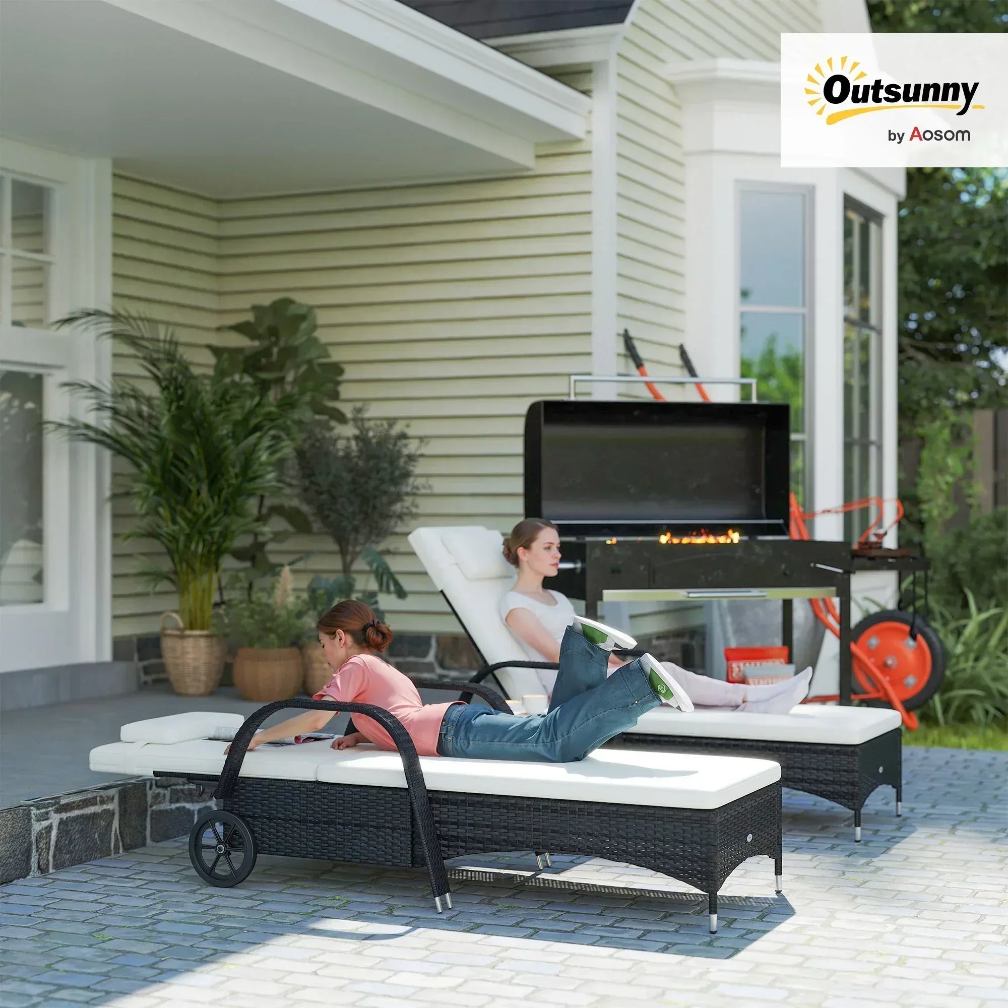 2 Seater Rattan Sun Lounger Set with Side Table Black - Bobobiy