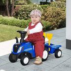 Blue toddler ride-on tractor walker with yellow horn, steering wheel, and chunky wheels