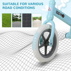 Front wheel of light blue kids balance bike with white EVA tire and gray spoke rim