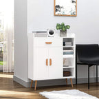 White side cabinet with drawer and two doors, plus open shelving on the right