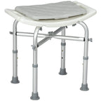 White shower stool with removable padded cushion and curved seat, height-adjustable frame