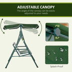 3-seat green patio swing chair with adjustable canopy and suspension frame details