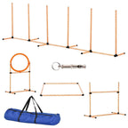 Orange-and-white dog agility obstacle set with jump hurdle, ring, weave poles, and carry bag