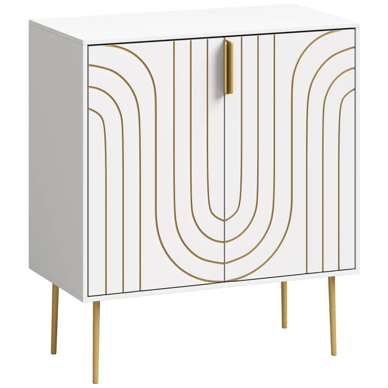 White kitchen cupboard with 2 doors, curved gold line pattern, gold bar handles