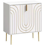 White kitchen cupboard with 2 doors, curved gold line pattern, gold bar handles