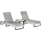 Light grey PE rattan sun lounger set with two reclining chaise chairs and seat cushions