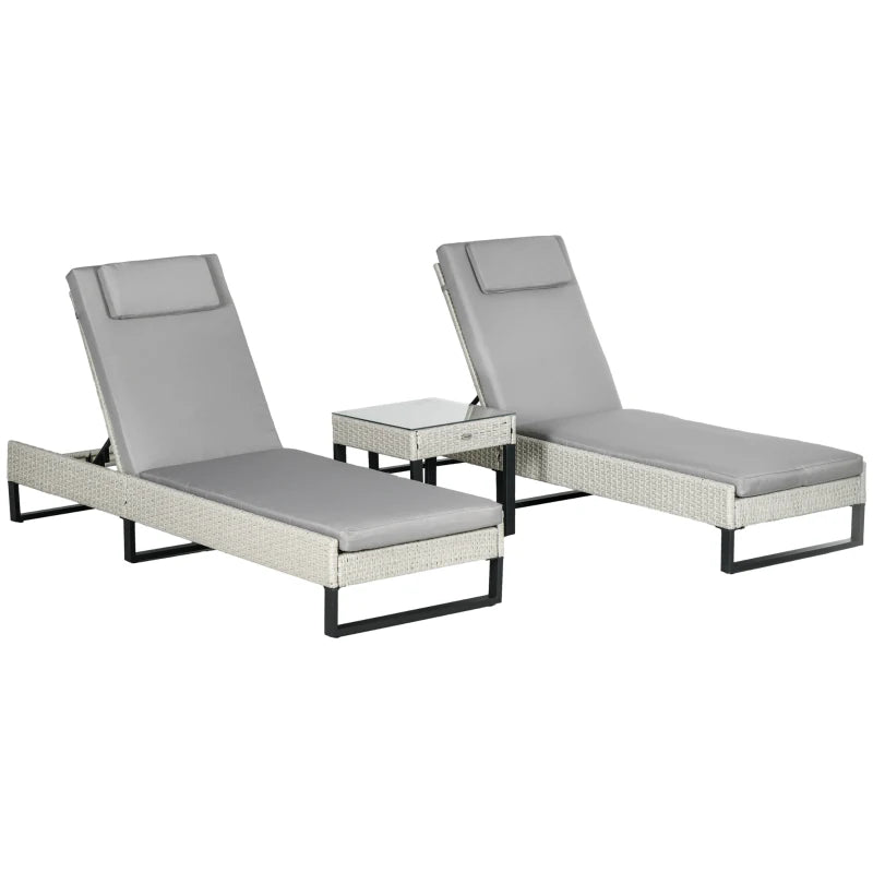Light grey PE rattan sun lounger set with two reclining chaise chairs and seat cushions