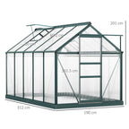 Dark green large walk-in greenhouse with clear polycarbonate panels and hinged-style door frame
