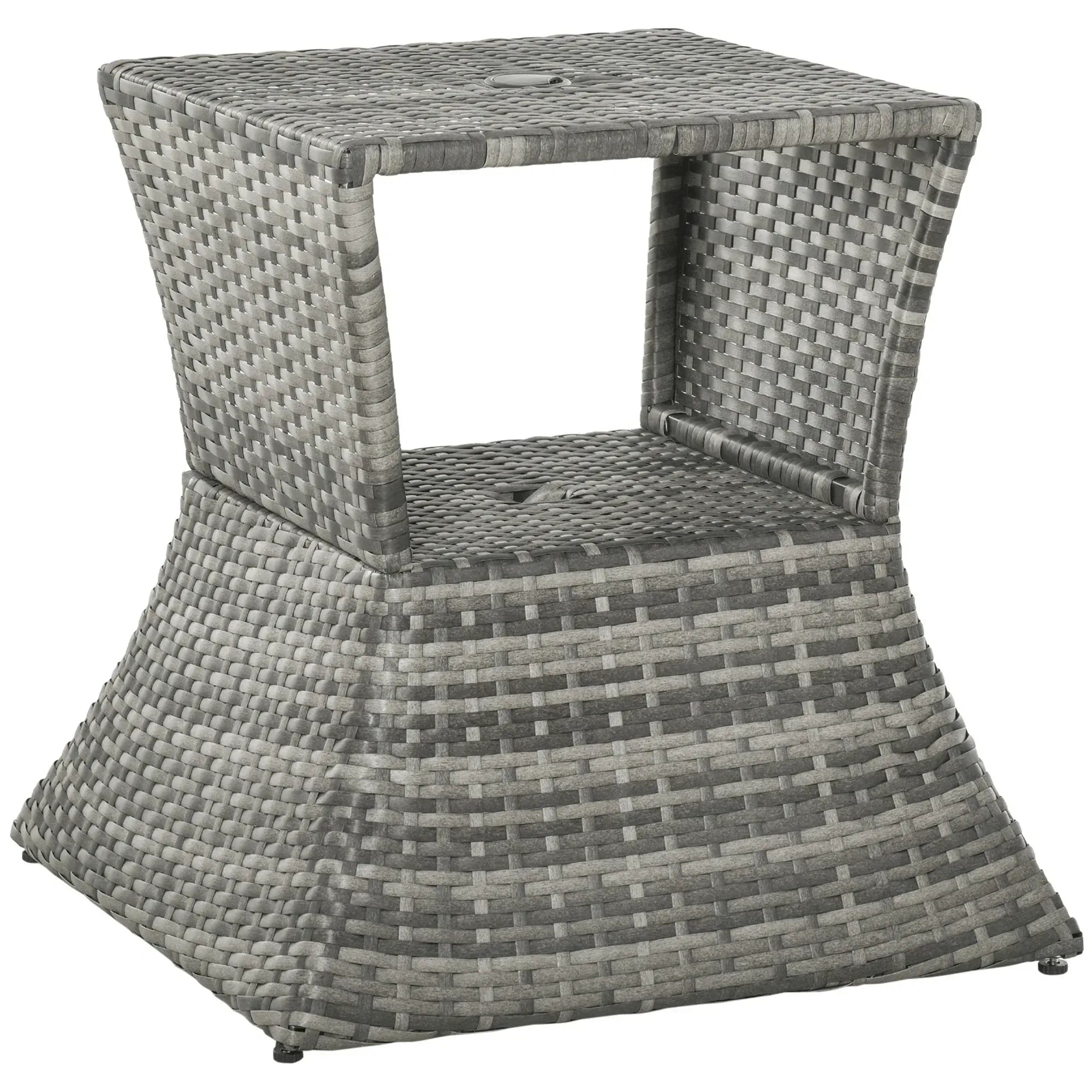 Outdoor Patio Rattan Wicker Coffee Table Bistro Side Table w/ Umbrella Hole and Storage Space, Grey - Bobobiy