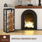 Black vertical metal firewood log rack with side rails for stacked logs
