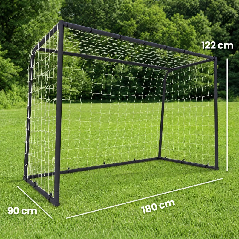 Black football goal with white net and metal frame, side view