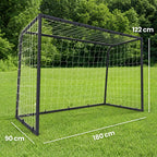 Black football goal with white net and metal frame, side view