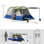 Three-room tent with porch, layout diagram with multiple openings and support poles