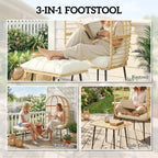 Beige rattan egg chair with white cushions and cushioned footstool