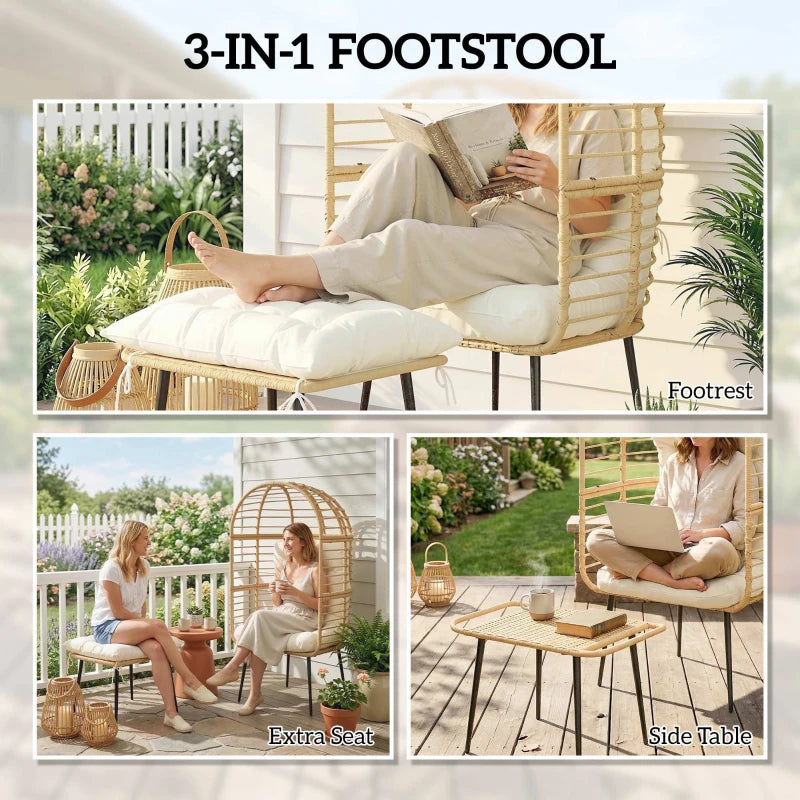 Beige rattan egg chair with white cushions and cushioned footstool