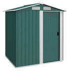 Green metal garden storage shed with sloped roof and sliding door, front view
