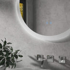 Round LED bathroom mirror with glowing edge on wall-mounted frame