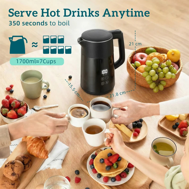 Black electric kettle with lid and LED temperature display