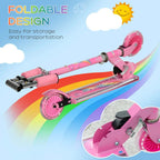 Foldable pink kids scooter with rear wheel brake and thick foam grips